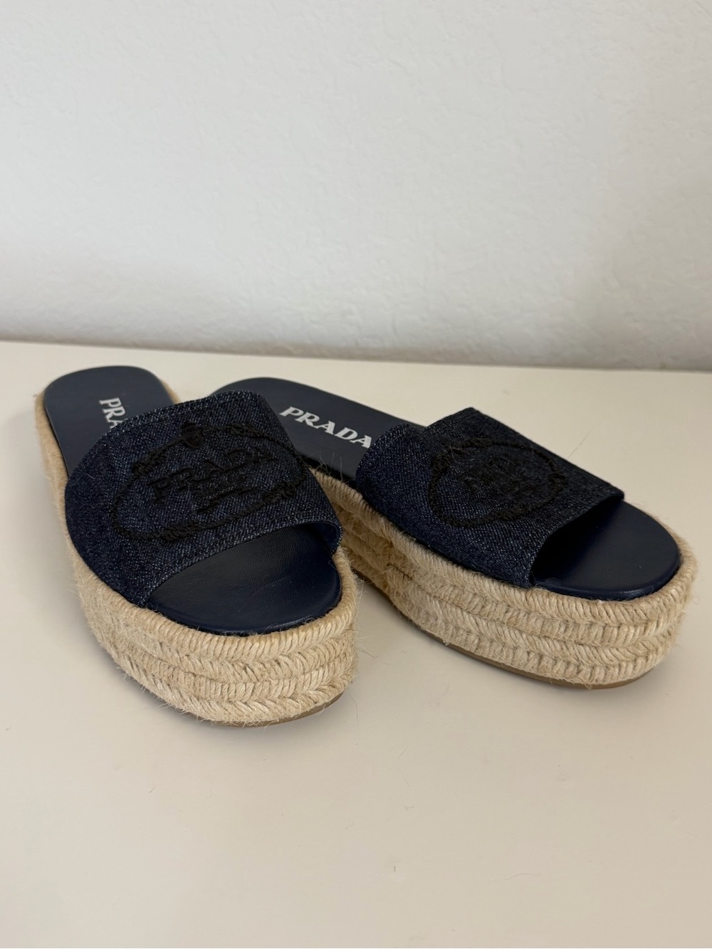 Prada | Navy Denim Espadrille Platform Slide Sandals